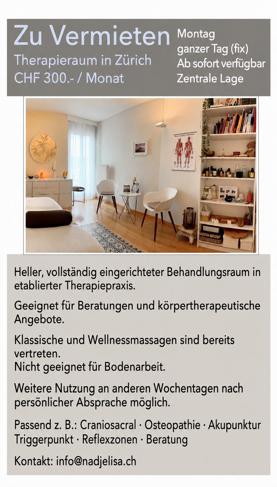 Therapieraum in Zürich zu vermieten – CHF 300.–/Monat - Bild 1